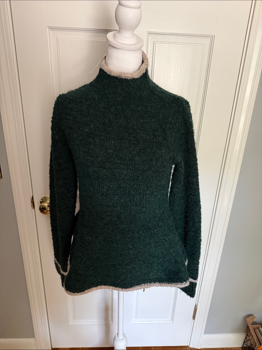 Anthropology Pilcro Forest Green Mock Neck Sweater with Cream Trim